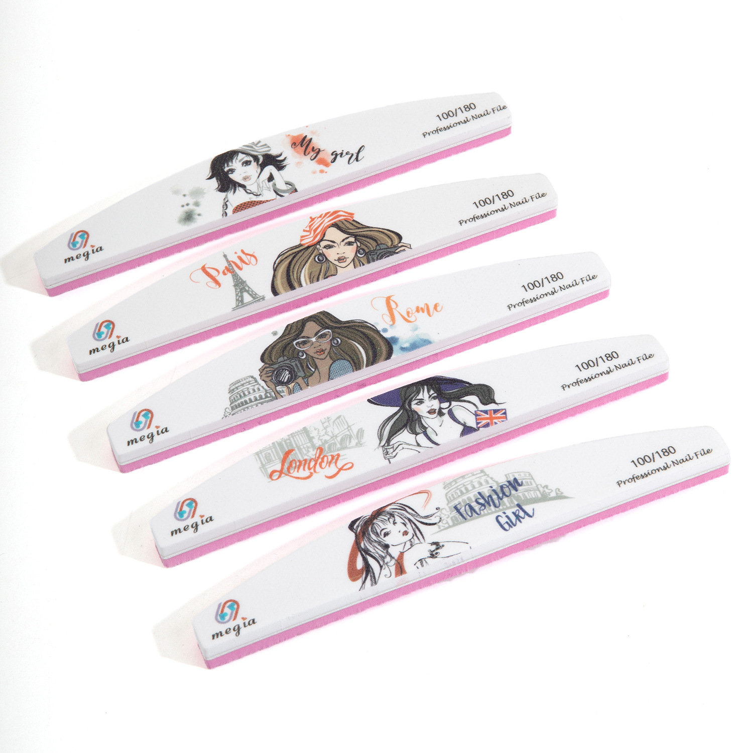 Ventas transfronterizas calientes de alta calidad impresión de uñas archivo de uñas lavado serie de papel de lija media luna tira de pulido