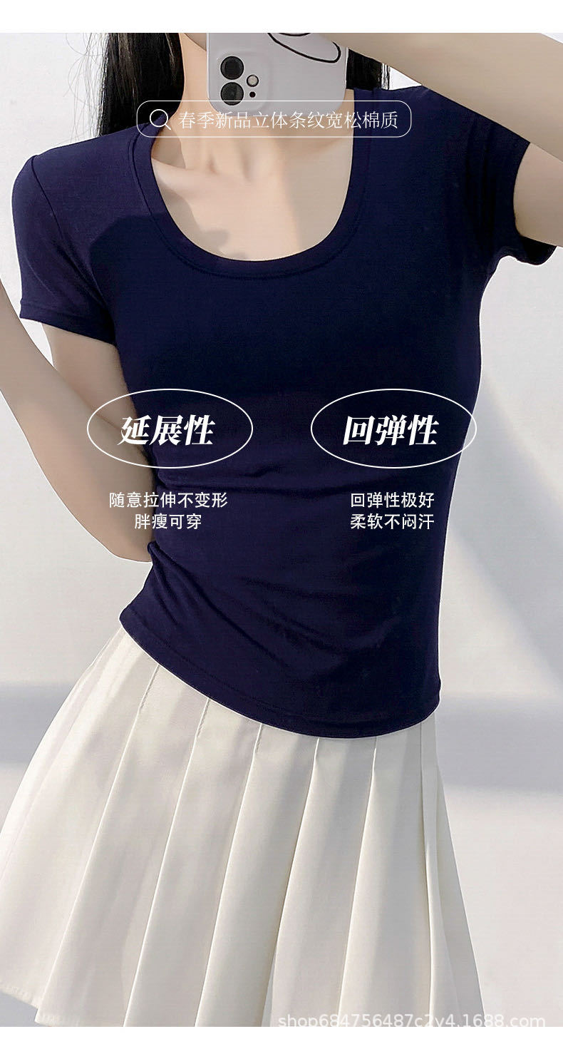 American slim-fit short-sleeved T-shirt for women, 2025 summer new style, waist-cinching round-neck T-shirt, sweet and spicy short top as the base pic 2