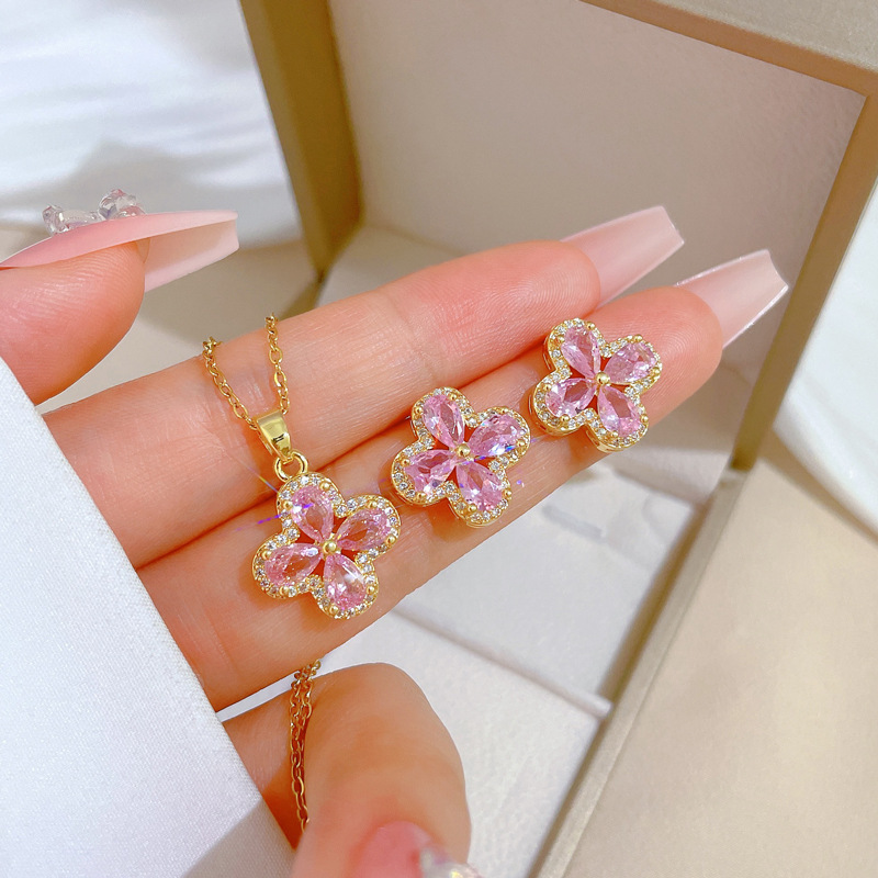 Vierblättriges Blumen Halsketten Und Ohrring Set Für Damen_voghion.com