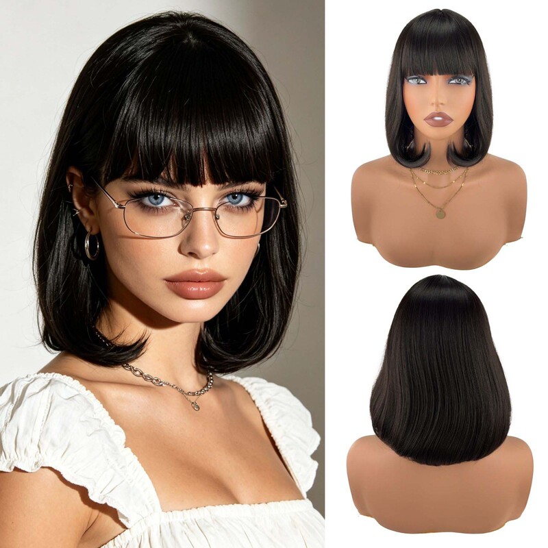 Cross-border European and American style women's black bob wig with bangs, short straight synthetic fiber wig, in stock from the manufacturer Cross-border European and American style women's black bob wig with bangs, short straight synthetic fiber wig, in stock from the manufacturer