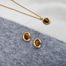 美拉德琥珀金属天然石项链女小众复古个性百搭气质耳钉颈链毛衣链