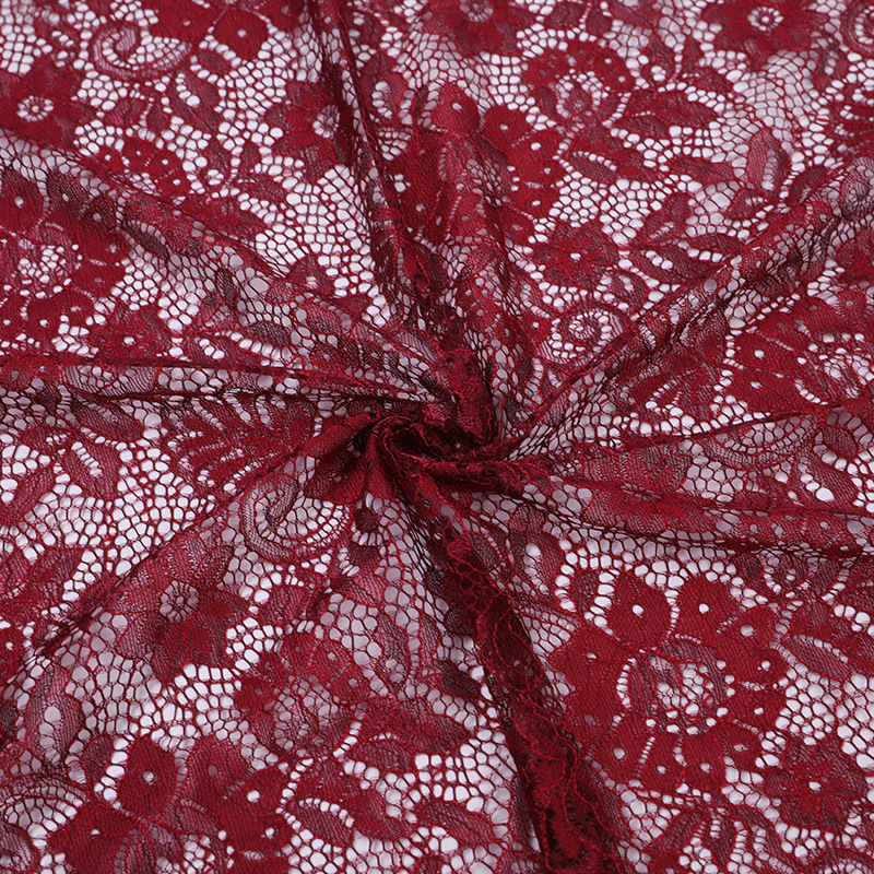 酒紅色錦綸無彈蕾絲面料 輕薄柔軟服裝蕾絲面料