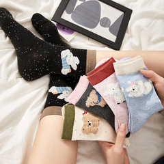 日系無骨襪子女可愛卡通小熊植絨中筒女襪批發秋季點子紗堆堆襪