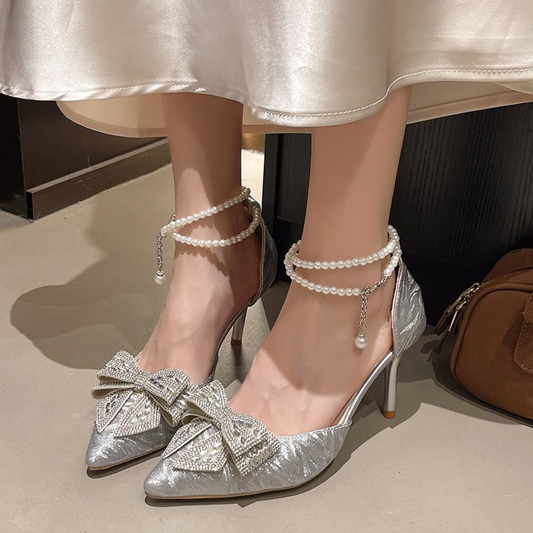 Silver Fairy Style High-Heeled Sandals for Women 2025 Autumn New Pointed Toe Buckle Strap Women's Shoes Bow Pearl Shoes