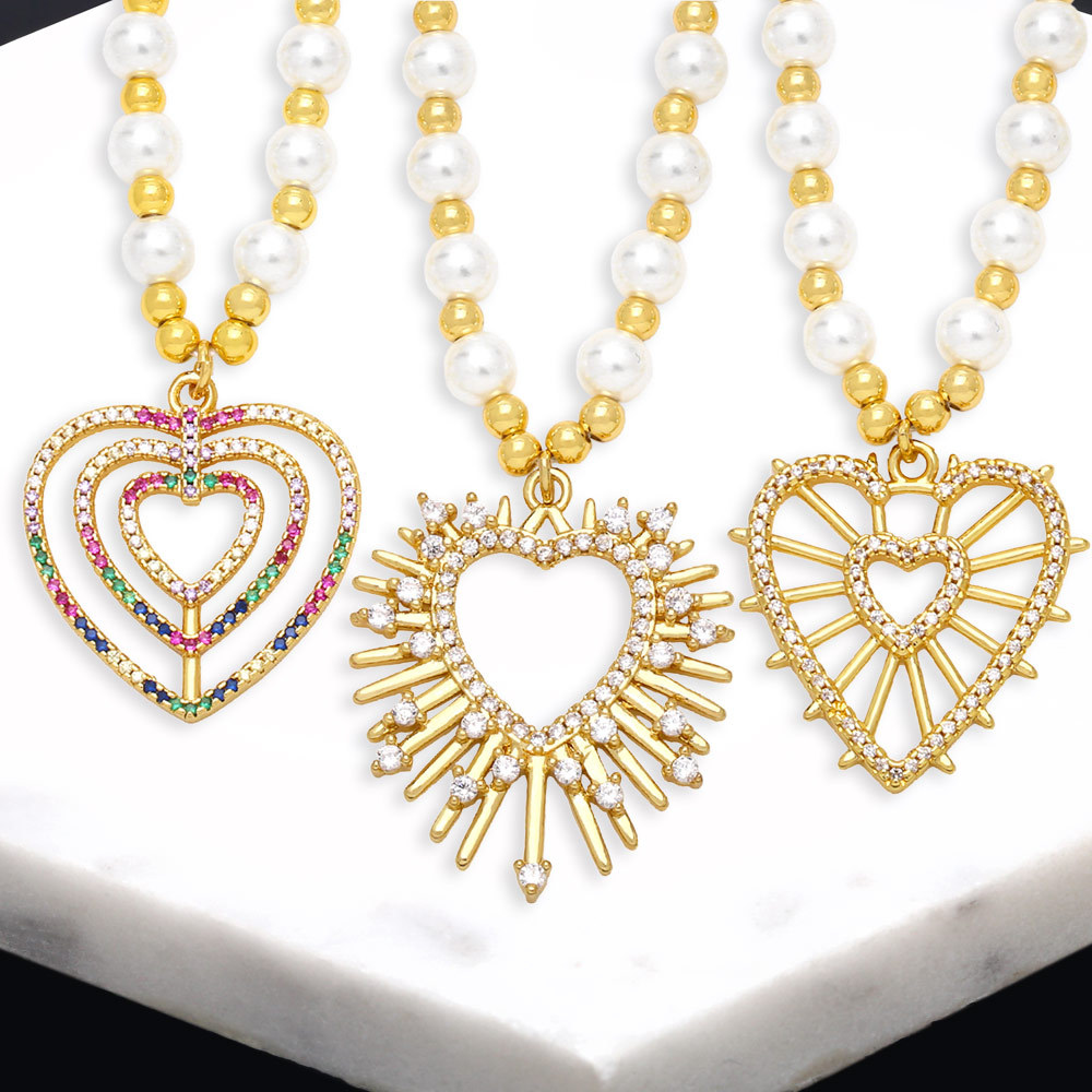 Fashion Heart Shape Copper Pearl Plating Inlay Zircon Pendant Necklace 1 Piece