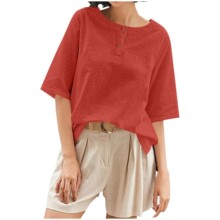 2025亚马逊欧美新款时尚女士圆领宽松纯色钉扣棉麻五分袖T恤上衣