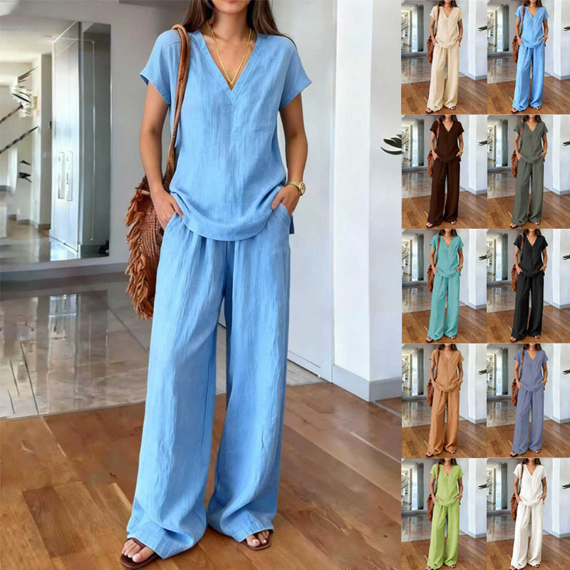European and American Cross-Border Breathable Casual Suit for Women, V-Neck Loose Wide-Leg Pants, Slimming Solid Color Short-Sleeve Long Pants Two-Piece Set