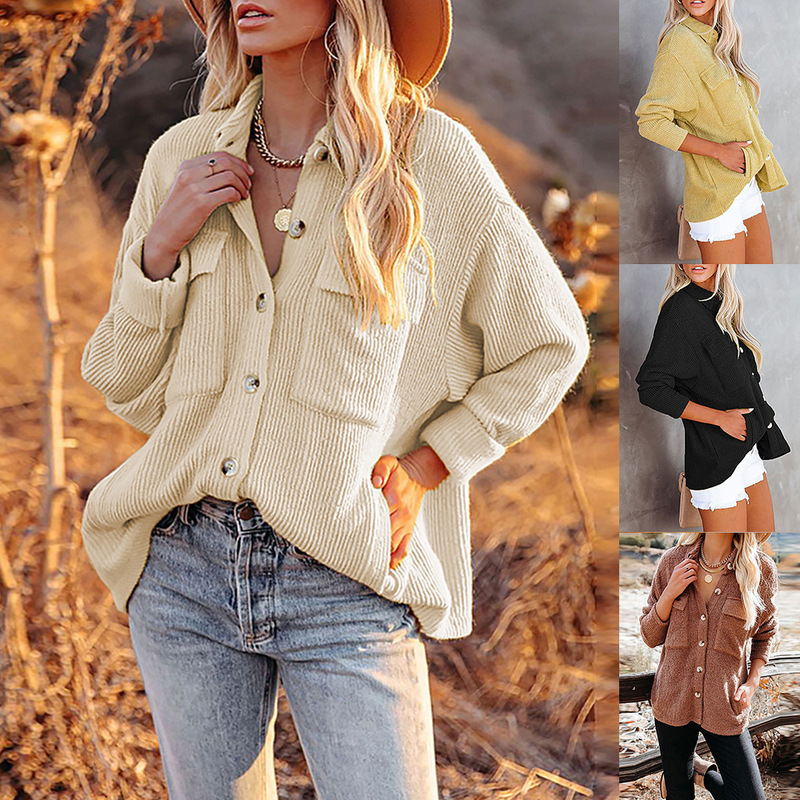 Women's Clothing 2026 New Autumn and Winter Shirt Amazon European and American Solid Color Loose Corduroy Pocket Long-Sleeve Cardigan Jacket