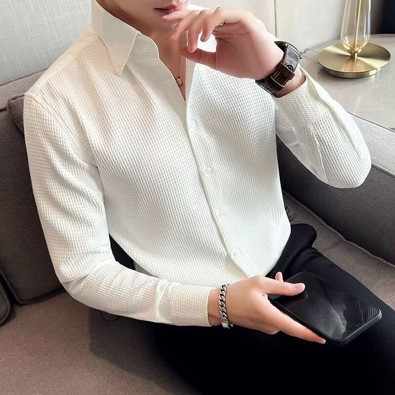 Men's long-sleeve shirt with a high-end feel, waffle texture, suitable for spring and autumn, simple and stylish, French-style business shirt, men's clothing, foreign trade wholesale