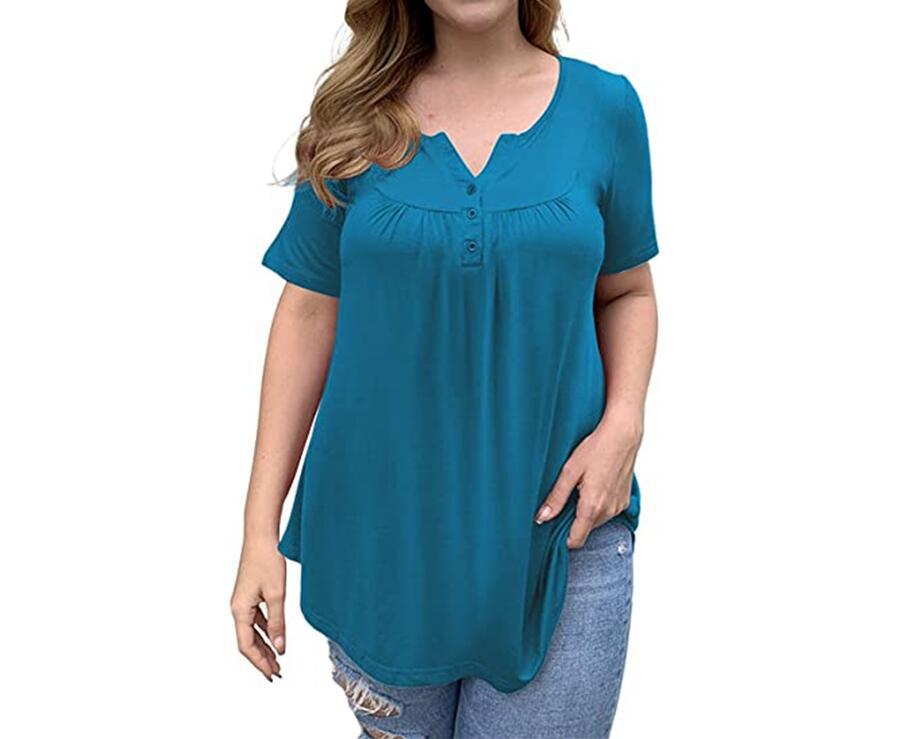 2025 verano damas nuevas ventas de Aliexpress botones de pluma de color sólido sueltas camisetas de manga corta mujeres en stock image 15