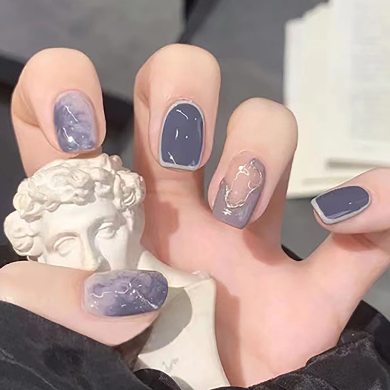 Blue clear cold wind nail wear nail piece deep light blue blooming short white detachable fake nail piece wholesale