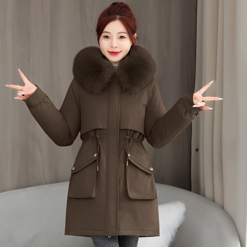 2025 invierno nuevo espessado para superar la cintura femenina delgada con capuzas cuello de cabello grande una chaqueta de algodón de terciopelo de moda