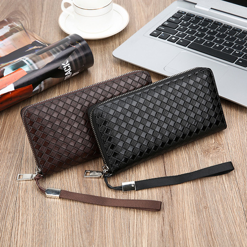 New Men's Long Wallet Woven Fashion Casual Handbag Phone Bag Youth Large Capacity Money Clip Zipper Bag