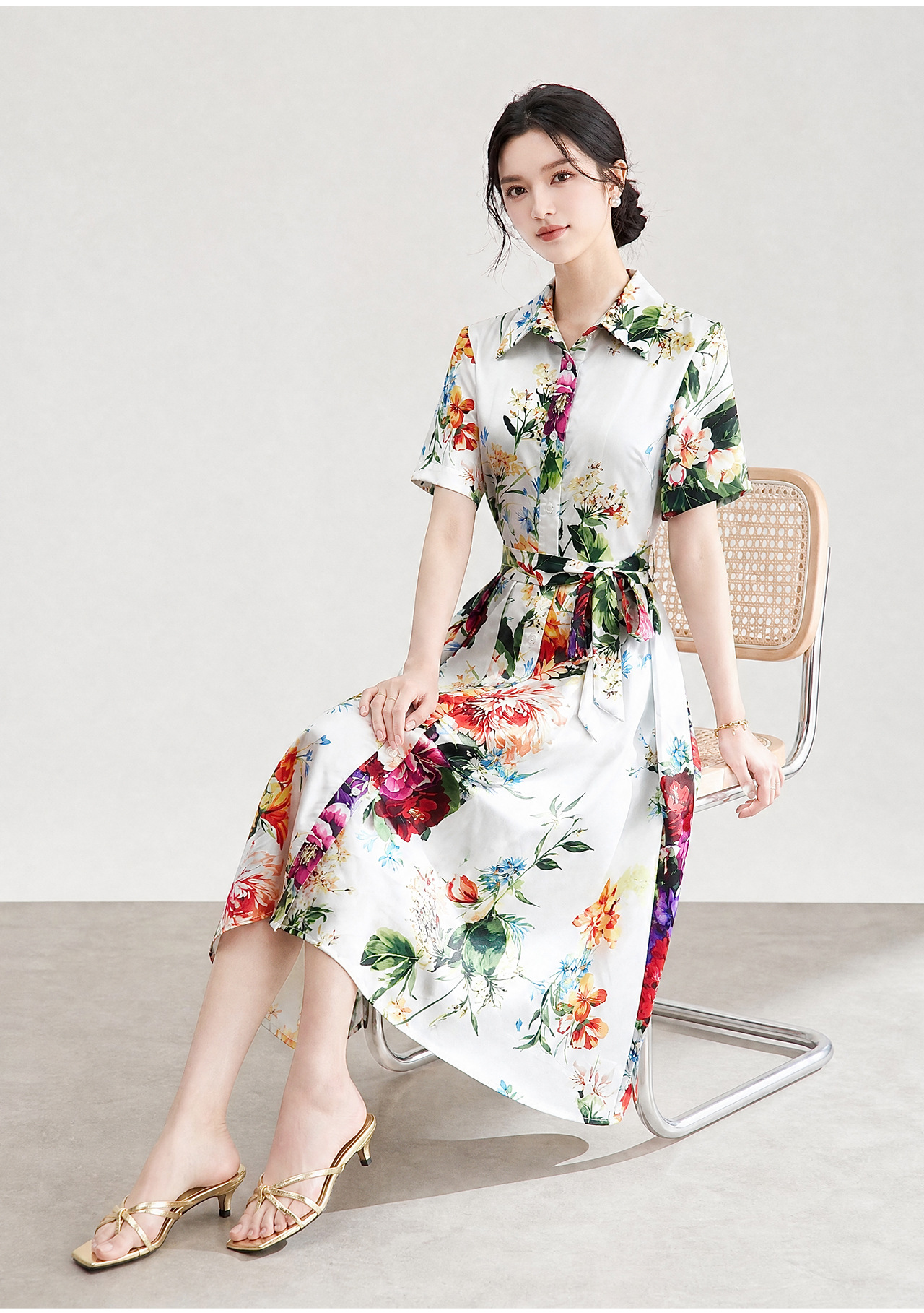 Đầm maxi nữ thắt eo cổ ve in họa tiết hoa phong cách Pháp — màu trắng chi tiết 4