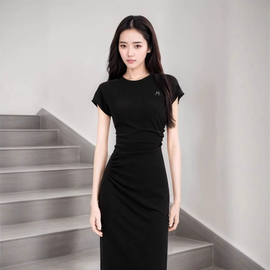 OUKABUYI простое и элитное платье с короткими рукавами для женщин, летний дизайн, черная длинная юбка с тонкой талией, утягивающая фигуру
