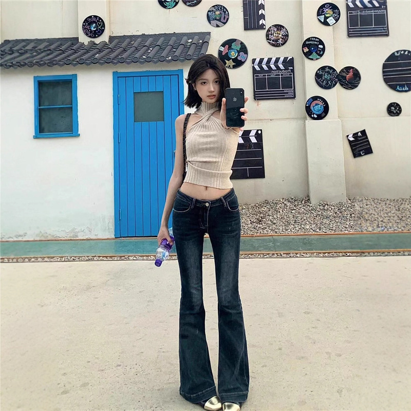 Women's Autumn Stretch Slim Fit Flared Jeans with High Heels, Low Waist, Slimming Dark Blue Long Pants Women's Autumn Stretch Slim Fit Flared Jeans with High Heels, Low Waist, Slimming Dark Blue Long Pants