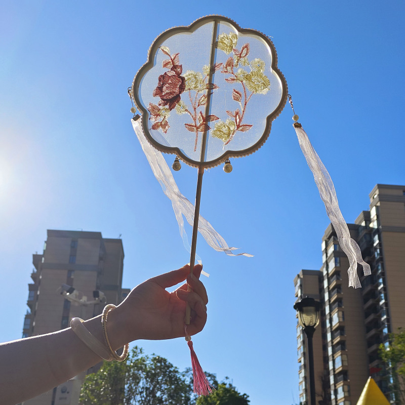 中国风复古刺绣手工扇团扇丝带款汉服拍照跳舞扇古装手持古风扇子|undefined