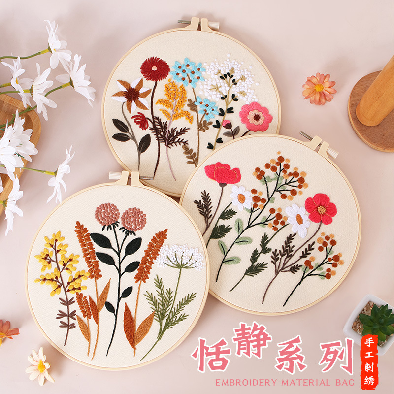 DIY Kit de bordado hecho a mano paquete de material de estilo Europeo tranquilo flores y plantas de tono cálido transfronteriza Inglés Nuevo Original