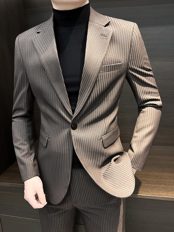 Striped Suit Set for Men 2025 New Business Formal Wear High-End Korean Style Slim Casual Suit Jacket for Men