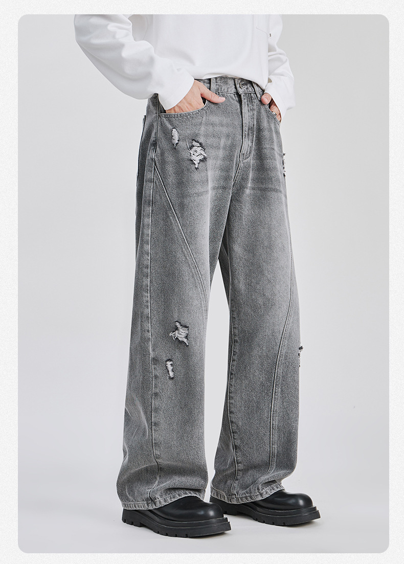 Men's High Street Jeans Trendy Sophisticated Loose Straight Leg Washed Distressed Ripped Long Pants Midweight Cotton_mkmklike.com