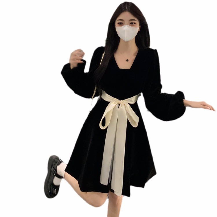 롱 | 숏 벨벳 드레스 여성용 플러스 사이즈 뚱뚱한 프렌치 헵번 스타일 블랙 레트로 학생 워드 스커트