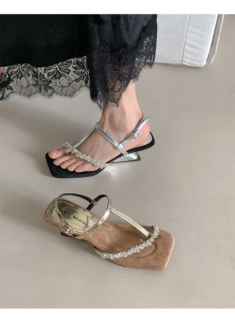 Sandal cao gót nữ mũi vuông hở ngón, quai ngang đính đá, gót dị hình — màu vàng, bạc chi tiết 21