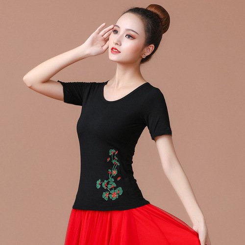 Square Dance Top Women's Short Sleeve Dance Clothes Modal Clothes Embroidered Crew Neck T-Shirt