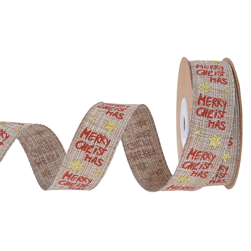 Comercio exterior Navidad imitación tela de lino polvo rociado oro fijación tela de lino rollo decoración de regalo de Navidad DIY mano impresión de cinta