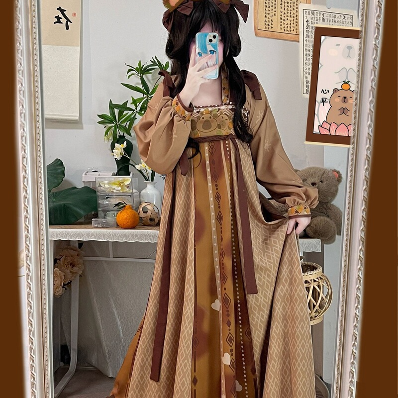Han Zhen Ge [Tun Bao] Hanfu for Women, Tang-Style High-Waisted Skirt, Daily Han Element Set, Spring, Summer, Autumn Styles
