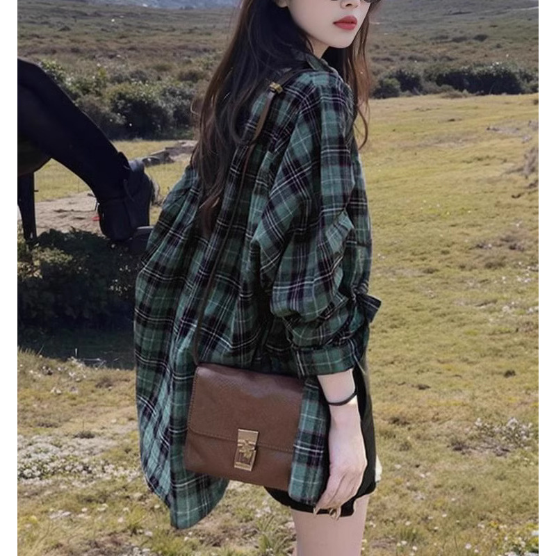Vintage British Style Green Plaid Shirt Coat Women's Spring and Autumn Casual All-match Loose Mid-length Stacked-up Shirt
