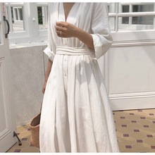 韓國原單新品褶皺單排扣寬松系帶v領連衣裙七分袖氣質裙子