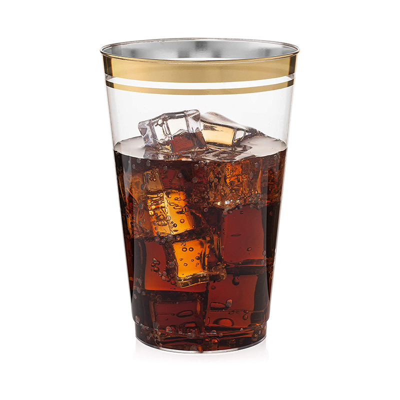 12oz doble borde de oro taza desechable transparente taza de plástico duro moldeo por inyección restaurante mesa de vino taza de bebidas