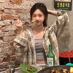 Hong Kong Style Retro Plaid Shirt Jacket for Women, Spring & Fall Design, Niche Loose and Versatile Shirt, Slimming Look Long-Sleeved Top