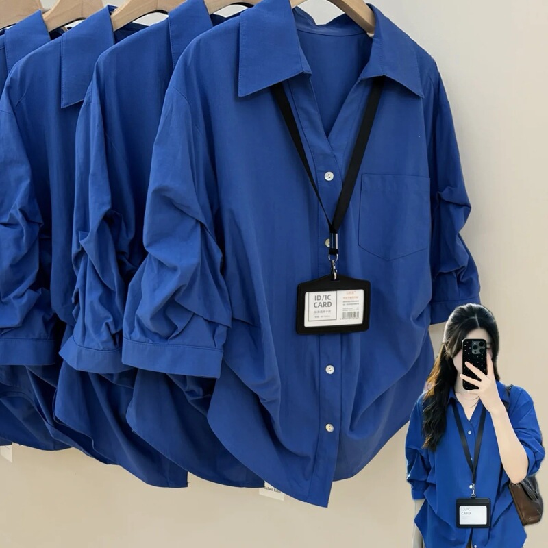 Blue high-end women's shirt, new spring-summer style, loose-fitting, slimming, fashionable, versatile, pleated cardigan top, 2026 new model Blue high-end women's shirt, new spring-summer style, loose-fitting, slimming, fashionable, versatile, pleated cardigan top, 2026 new model
