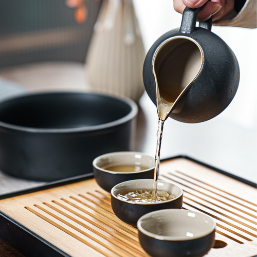 Black pottery Kung Fu tea set complete set home office teapot tea cup simple covered bowl tea can full set tea tray