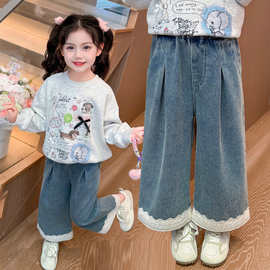 萌糖糖2026新款女宝宝时尚休闲裤子儿童牛仔裤女童百搭花边阔腿裤