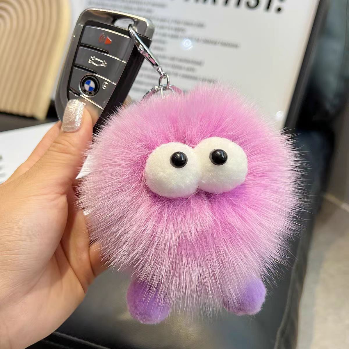 Cute pelo de zorro pequeña bola de carbón coche llavero colgante en elfo peluche bolso colgante regalo