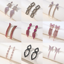 s925银针彩色长款链条镶钻流苏耳环耳坠韩国时尚气质百搭耳饰品女