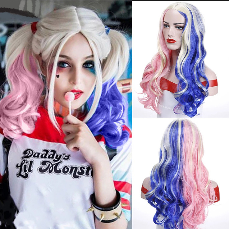 Wig for Women Cross-Border European and American Cos Harley Quinn Long Curly Hair Medium Parted Pink and Blue Gradient Highlighted Full Headgear