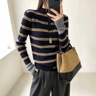 韩系秋冬新款条纹长袖修身百搭基础款套头打底衫女洋气打底衫
