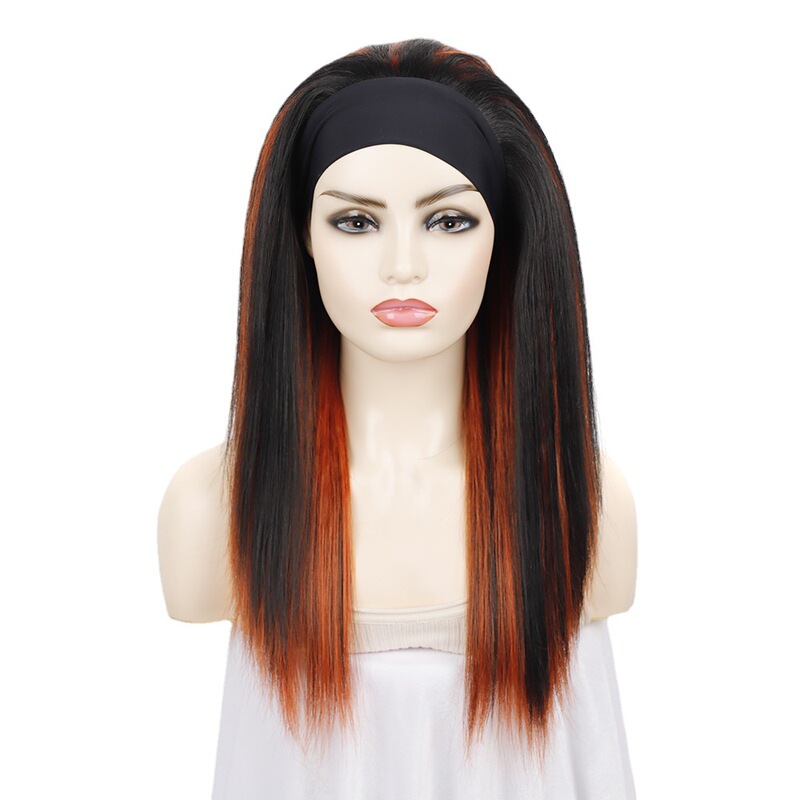 Black Bleached Orange Straight Hair Headset Mid-length Straight Hair Wig Headset Foreign Trade Ice Silk Hair Band Headset