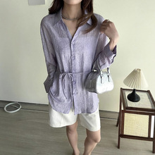2025年夏韩版系带衬衫女上衣通勤风醋酸面料抽褶休闲百搭三醋酸