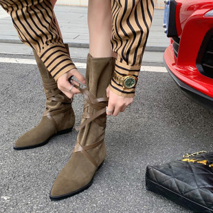 Manufacturer Wholesale Western Cowboy Boots Pointed Toe Straps Retro Mid-Calf Boots Mid-Heel Heightening Boots Women's Autumn New Style