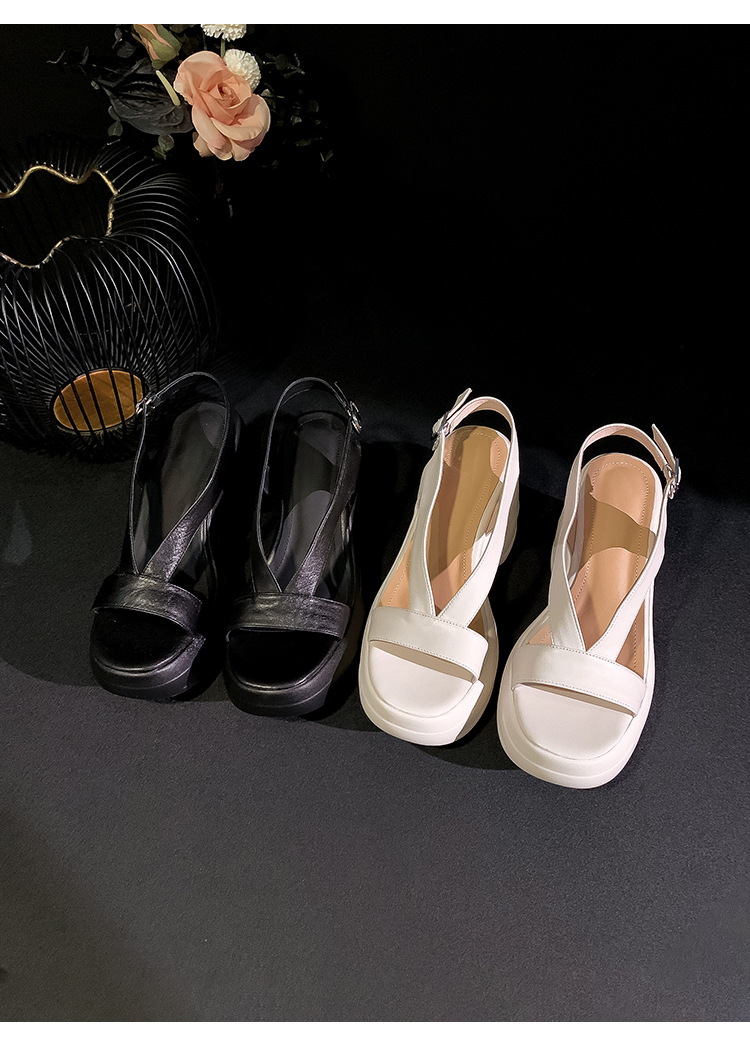 Sandal nữ đế dày da thật hở mũi gót xuồng 5 cm đi biển nhẹ êm — màu đen, màu trắng ngà chi tiết 16