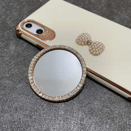 镶钻爱心镜子 蝴蝶结珍珠diy饰品配件圆形花朵化妆镜手机材料金色