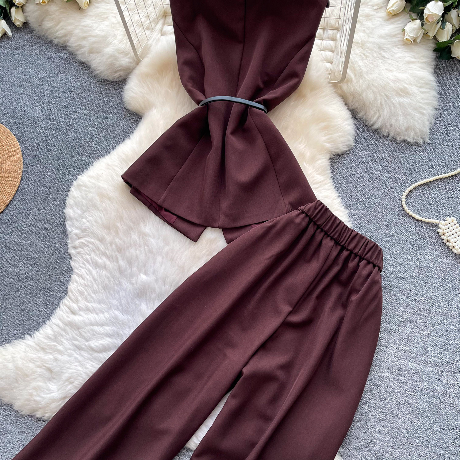 Korean Style Women's Cami Top And High-Waisted Wide Leg Pants Set - Summer Drawstring Waist Two Piece Outfit_ecoleips.com