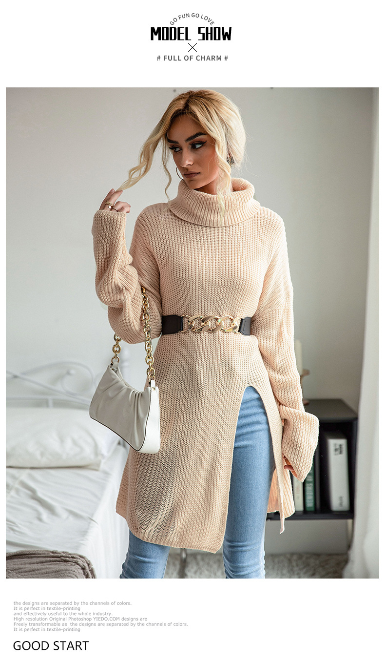 Apricot Turtleneck Slit Pullover Sweater NSYYF104799