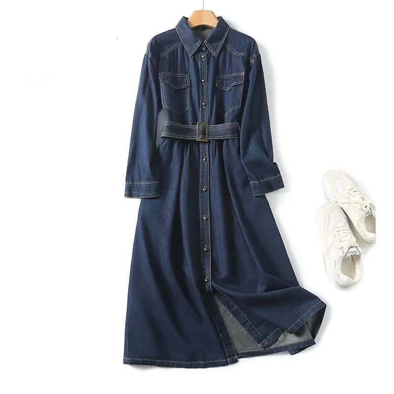 Korean Style Women's 2025 Spring New Lapel Single-Breasted Tencel Denim Dress French Preppy Style Shirt Long Skirt