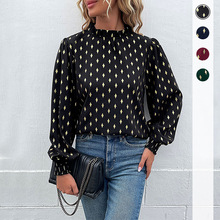 【佰分之衣】亚马逊外贸秋季欧美女装跨境长袖中领菱形烫金衬衫女