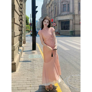 【稚菊】新中式国风复古改良款立领旗袍女春夏拼接高档修身连衣裙